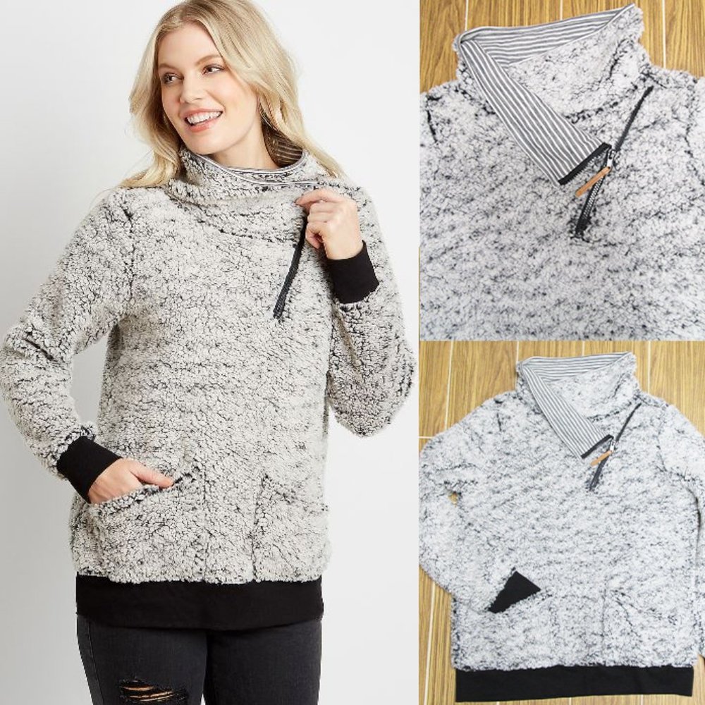 Gray Sherpa Cowl Neck Pullover Sweatshirt